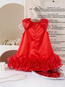 Gaun Bayi Perempuan Ruffle Patchwork dengan Hiasan Pita Warna Burgundy, Cocok untuk Gaun Ulang Tahun, Gaun Tamu Pernikahan, Gaun Natal - Merah - View 2