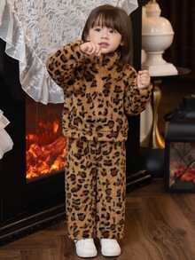 SHEIN Baby GirlAutumn/Winter Cute Leopard Print Fuzzy Sweatshirt & Elastic Waist Long Pants Set - Brown - View 1