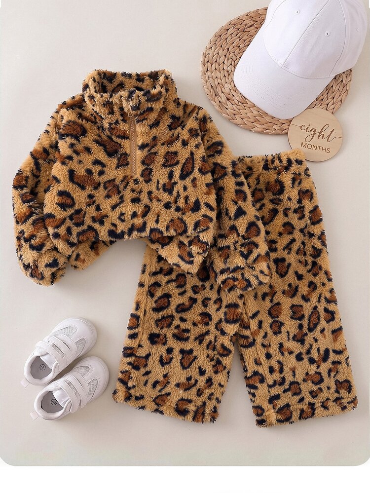 SHEIN Baby GirlAutumn/Winter Cute Leopard Print Fuzzy Sweatshirt & Elastic Waist Long Pants Set - Brown - View 7