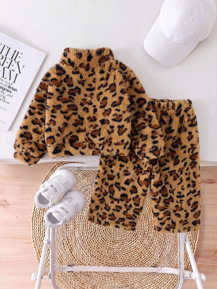 SHEIN Baby GirlAutumn/Winter Cute Leopard Print Fuzzy Sweatshirt & Elastic Waist Long Pants Set - Brown - View 2