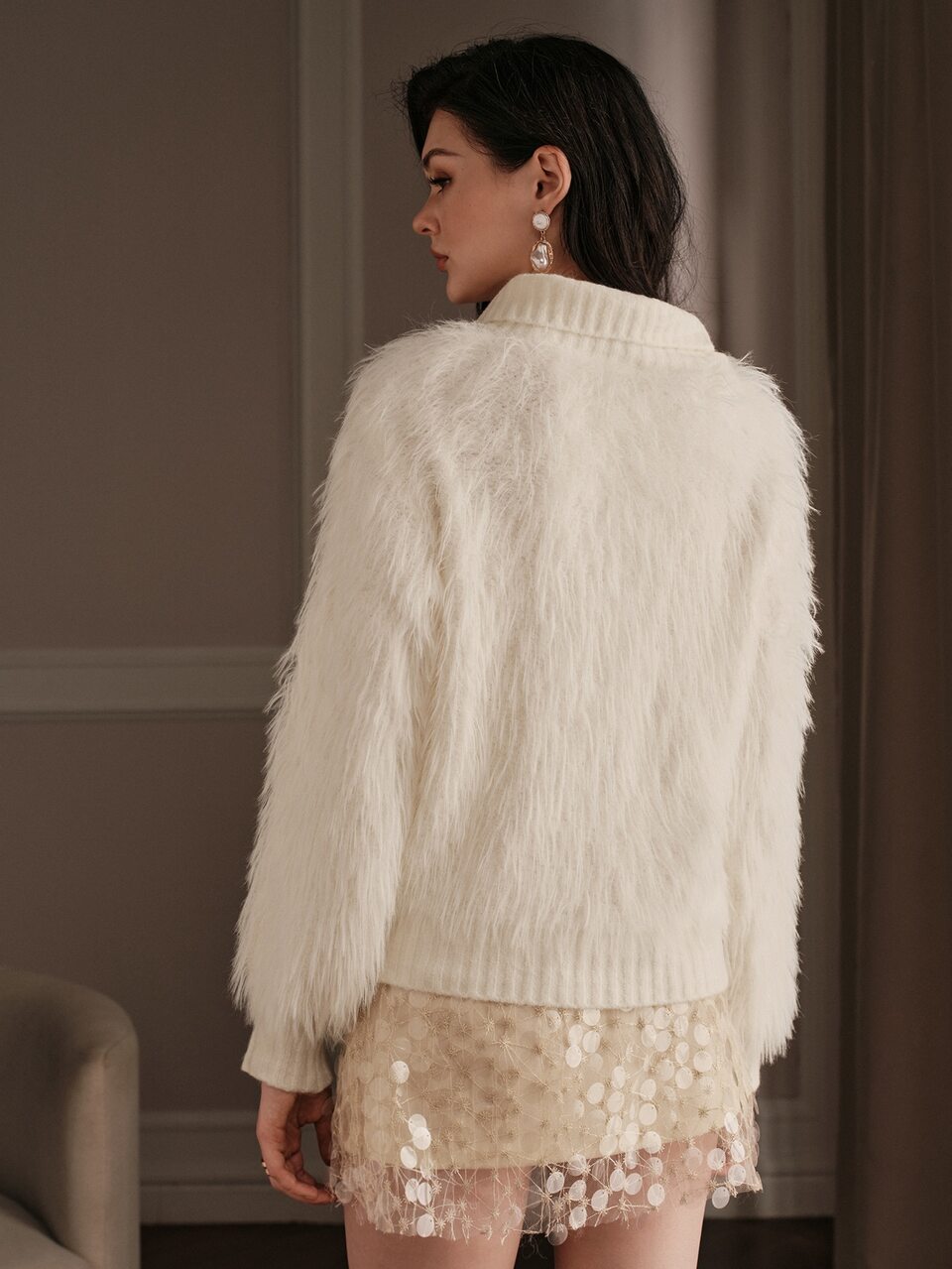 Women's Fall/Winter Elegant Casual White Fuzzy High Neck Button Cardigan Long Sleeve For Business Office Party Going Out Beach Vacation Festival