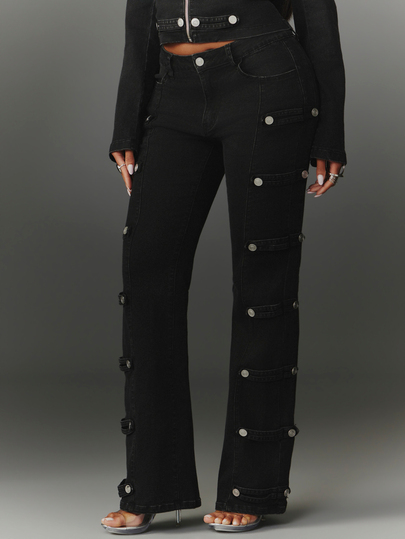 NYA SZN Jeans de Mezclilla Acampanados Lavado Negro Elástico Botón Militar Streetwear Vacaciones Elegante Iglesia Brunch Salidas Ocasión Especial Festival Lindo Otoño Invierno