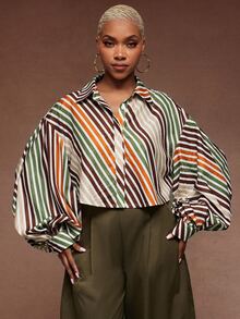 Vixey Stripe Pointed Collar Volume Balloon Sleeve Cropped Button Up Shirt, Office Wear, Daily - Multicolor - View 4
