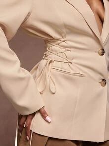 Vixey Lace-Up Waist Lapel Neck Casual Blazer, Office Work Wear, Business, Chic - Khaki - View 5