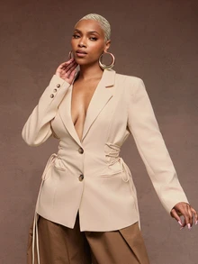 Vixey Lace-Up Waist Lapel Neck Casual Blazer, Office Work Wear, Business, Chic - Khaki - View 1