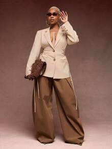 Vixey Lace-Up Waist Lapel Neck Casual Blazer, Office Work Wear, Business, Chic - Khaki - View 2
