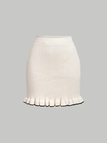 SHEIN MOD Black Contrast Trim Beige Flared Sleeve Cardigan & Knitted Skirt Set - Apricot - View 7