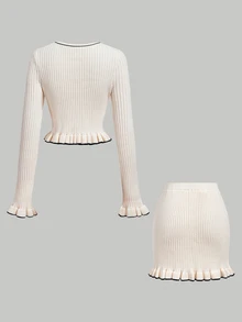 SHEIN MOD Black Contrast Trim Beige Flared Sleeve Cardigan & Knitted Skirt Set - Apricot - View 4