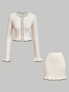 SHEIN MOD Black Contrast Trim Beige Flared Sleeve Cardigan & Knitted Skirt Set - Apricot - View 2