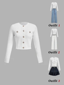 SHEIN MOD Women's Solid Color Casual Elegant Versatile Daily Wear Cardigan Office White Autumn - White - View 2