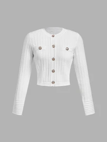 SHEIN MOD Women's Solid Color Casual Elegant Versatile Daily Wear Cardigan Office White Autumn - White - View 9
