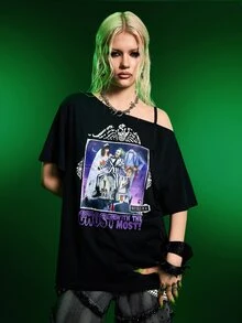 Beetlejuice X SHEIN Women's Summer Casual Character Print T-Shirt - Black - View 6
