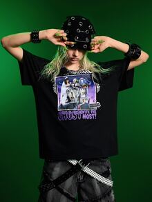 Beetlejuice X SHEIN Women's Summer Casual Character Print T-Shirt - Black - View 3