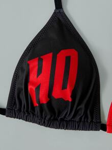 Harley Quinn X SHEIN Women's Letter Print Halter Tie Casual Lingerie Set - Black - View 5