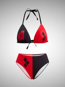 Harley Quinn X SHEIN Women's Letter Print Halter Tie Casual Lingerie Set - Black - View 3