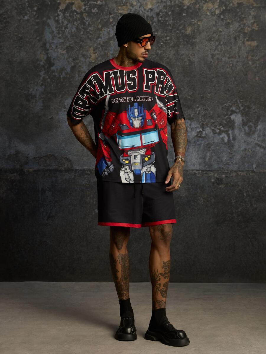 Transformers X SHEIN Men's Letter Print Short Sleeve T-Shirt And Shorts Set Evergreen - Black - View 1