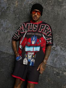 Transformers X SHEIN Men's Letter Print Short Sleeve T-Shirt And Shorts Set Evergreen - Black - View 5