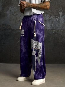 Transformers X SHEIN Men's Letter Print Elastic Waist Long Pants Evergreen - Purple - View 1