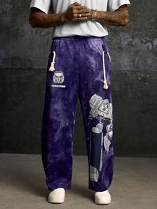 Transformers X SHEIN Men's Letter Print Elastic Waist Long Pants Evergreen - Purple - View 3
