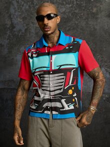 Transformers X SHEIN Kemeja Lengan Pendek Kasual Pria dengan Desain Blok Warna untuk Pemakaian Sehari-hari - Merah - View 4