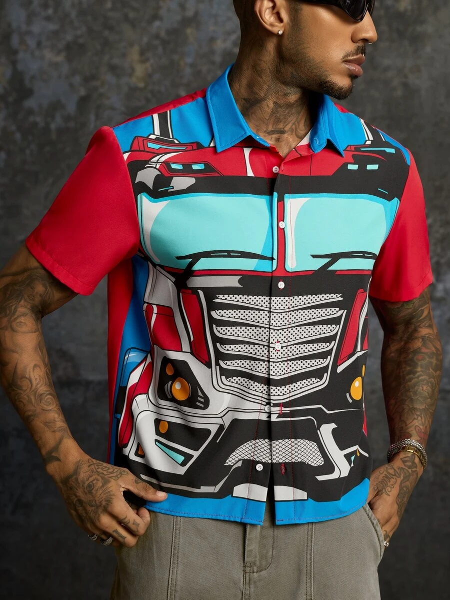 Transformers X SHEIN Kemeja Lengan Pendek Kasual Pria dengan Desain Blok Warna untuk Pemakaian Sehari-hari - Merah - View 1