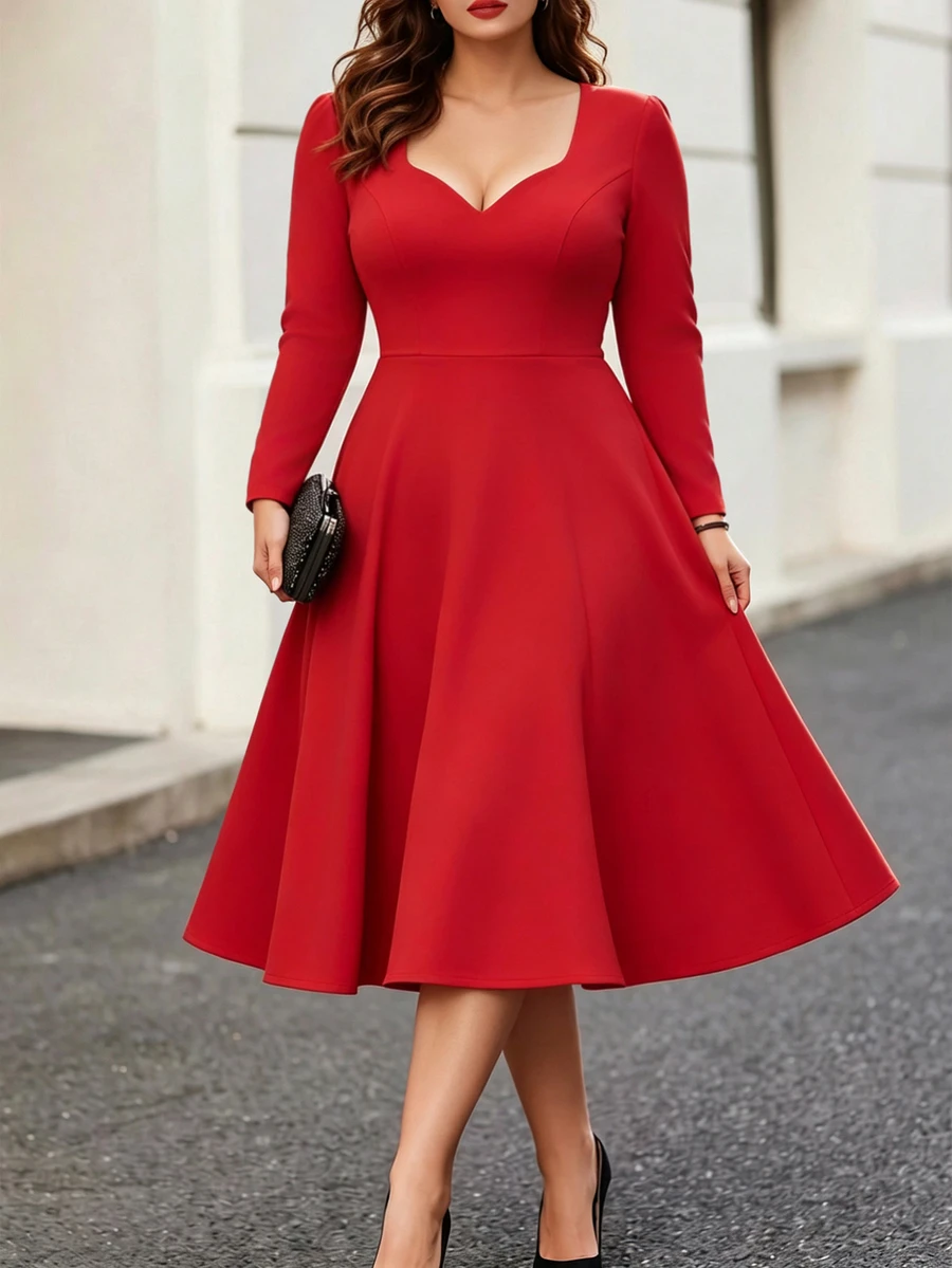 Elegantrix Plus Size Autumn/Winter Red V-Neck Mid-Length A-Line Dress Fall Wedding Party Evening Curve 70's - Red - View 1