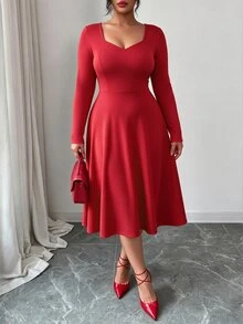Elegantrix Plus Size Autumn/Winter Red V-Neck Mid-Length A-Line Dress Fall Wedding Party Evening Curve 70's - Red - View 3