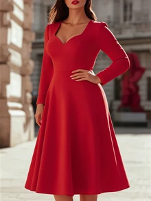 Elegantrix Plus Size Autumn/Winter Red V-Neck Mid-Length A-Line Dress Fall Wedding Party Evening Curve 70's - Red - View 5