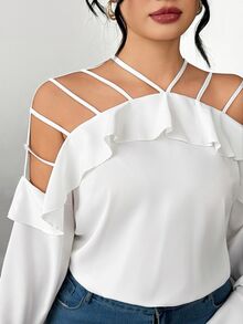 Elenzga Kemeja Wanita Ukuran Besar dengan Bahu Terbuka dan Manset Berkerut, Lengan Panjang, Elegan dan Kasual - Putih - View 7