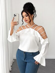 Elenzga Kemeja Wanita Ukuran Besar dengan Bahu Terbuka dan Manset Berkerut, Lengan Panjang, Elegan dan Kasual - Putih - View 3