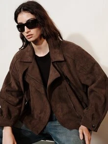 Aveloria Modichic Vintage Style Reversible Motorcycle Jacket For Women, Asymmetrical Zipper Front, Cinched Waist, Pocket Details With Belt, Slimming Outerwear - Brown - View 5