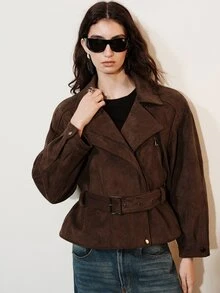 Aveloria Modichic Vintage Style Reversible Motorcycle Jacket For Women, Asymmetrical Zipper Front, Cinched Waist, Pocket Details With Belt, Slimming Outerwear - Brown - View 6