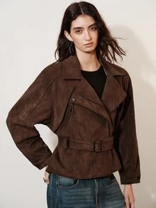 Aveloria Modichic Vintage Style Reversible Motorcycle Jacket For Women, Asymmetrical Zipper Front, Cinched Waist, Pocket Details With Belt, Slimming Outerwear - Brown - View 4