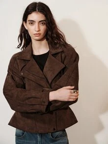 Aveloria Modichic Vintage Style Reversible Motorcycle Jacket For Women, Asymmetrical Zipper Front, Cinched Waist, Pocket Details With Belt, Slimming Outerwear - Brown - View 3