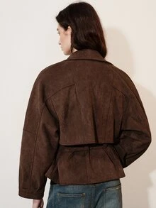 Aveloria Modichic Vintage Style Reversible Motorcycle Jacket For Women, Asymmetrical Zipper Front, Cinched Waist, Pocket Details With Belt, Slimming Outerwear - Brown - View 2