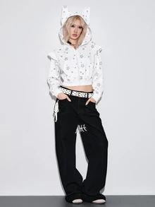 ROMWE Kawaii Autumn/Winter Cute Girl 3D Ear Star Pattern Ruffle Trim Cropped Sweatshirt - White - View 6