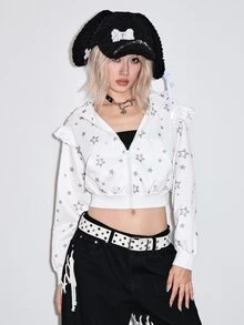 ROMWE Kawaii Autumn/Winter Cute Girl 3D Ear Star Pattern Ruffle Trim Cropped Sweatshirt - White - View 5