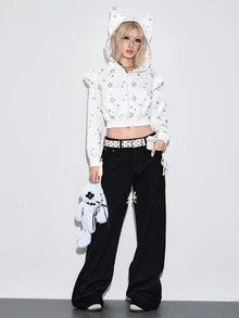 ROMWE Kawaii Autumn/Winter Cute Girl 3D Ear Star Pattern Ruffle Trim Cropped Sweatshirt - White - View 1