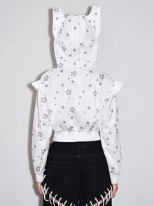 ROMWE Kawaii Autumn/Winter Cute Girl 3D Ear Star Pattern Ruffle Trim Cropped Sweatshirt - White - View 2