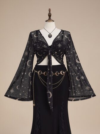 Goth Top corto de manga acampanada con cordones, encaje aterciopelado con estampado sexy celestial gótico oscuro de Halloween, adecuado para uso de verano, fiesta, concierto, negro