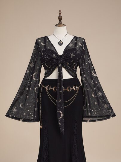 Halloween Dark Gothic Pattern Flocked Lace-Up Bell Sleeve Crop Top, Suitable For Winter Wear