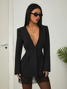 SHEIN PETITE Women's Black Deep V-Neck Lace-Panel Long-Sleeve Single-Button Fashion Blazer - Black - View 6