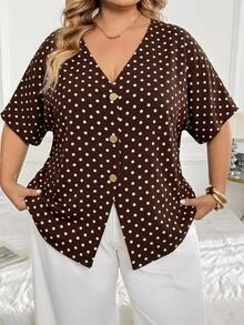 SHEIN CURVE+ Plus Size Autumn Casual Polka Dot Batwing Sleeve Open Collar Button Decor Shirt - Multicolor - View 7