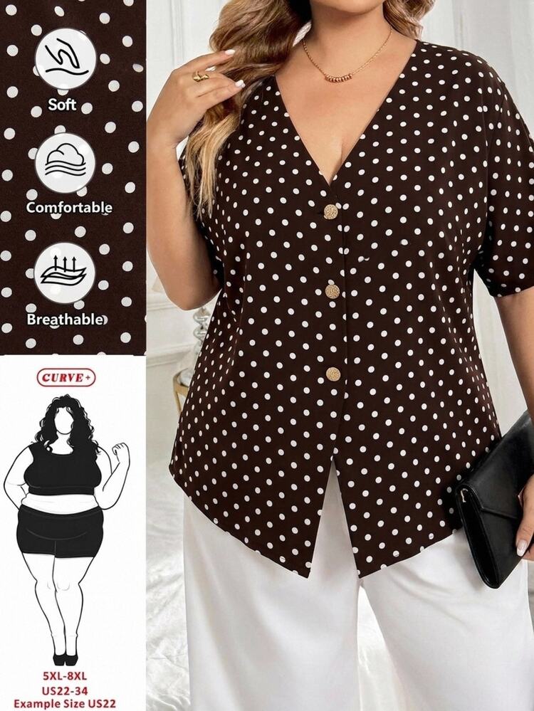 SHEIN CURVE+ Plus Size Autumn Casual Polka Dot Batwing Sleeve Open Collar Button Decor Shirt - Multicolor - View 2