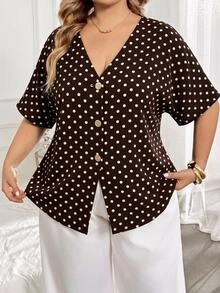 SHEIN CURVE+ Plus Size Autumn Casual Polka Dot Batwing Sleeve Open Collar Button Decor Shirt - Multicolor - View 6
