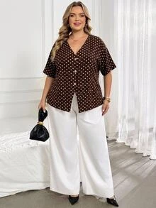 SHEIN CURVE+ Plus Size Autumn Casual Polka Dot Batwing Sleeve Open Collar Button Decor Shirt - Multicolor - View 5