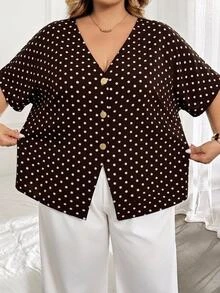 SHEIN CURVE+ Plus Size Autumn Casual Polka Dot Batwing Sleeve Open Collar Button Decor Shirt - Multicolor - View 4