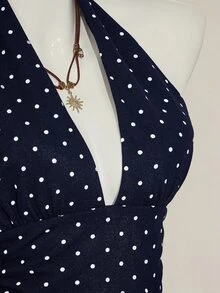 SHEIN ICON 露背深 V 领收腰 A 字形露背波尔卡圆点吊带背心 - 藏蓝色 - 查看 8