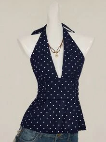 SHEIN ICON 露背深 V 领收腰 A 字形露背波尔卡圆点吊带背心 - 藏蓝色 - 查看 3