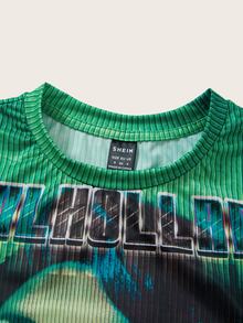 SHEIN ICON 圖形和字母印花短款夏季背心 - 綠色 - 查看 4